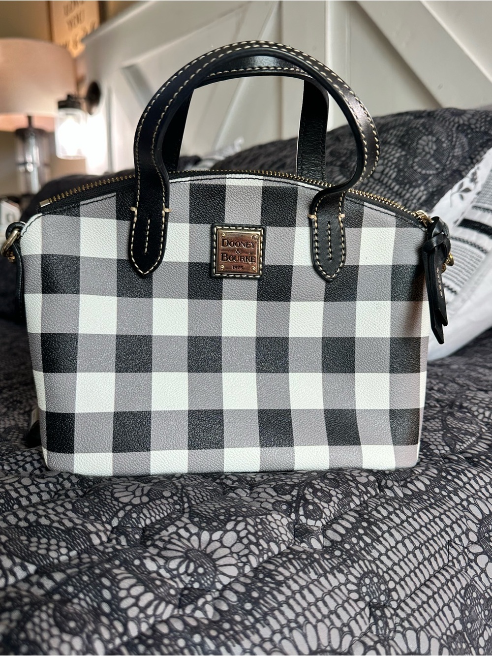 Dooney & Bourke Black and White Gingham Tucker Satchel